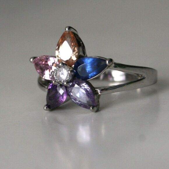 18KGP White Gold Pink Purple Blue Flower Ring Silver Tone- Size 8.5 - Picture 3 of 5